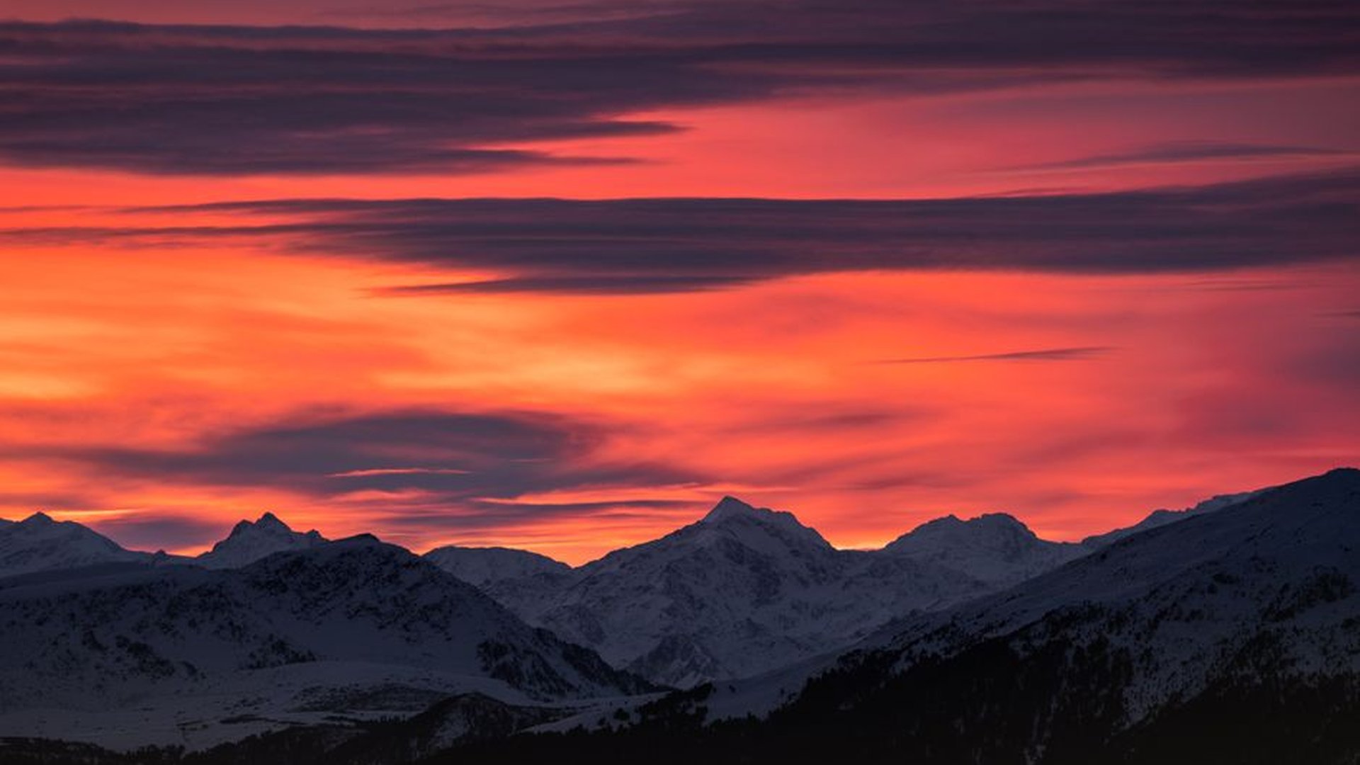sky fire purple orange violet clouds mountain past